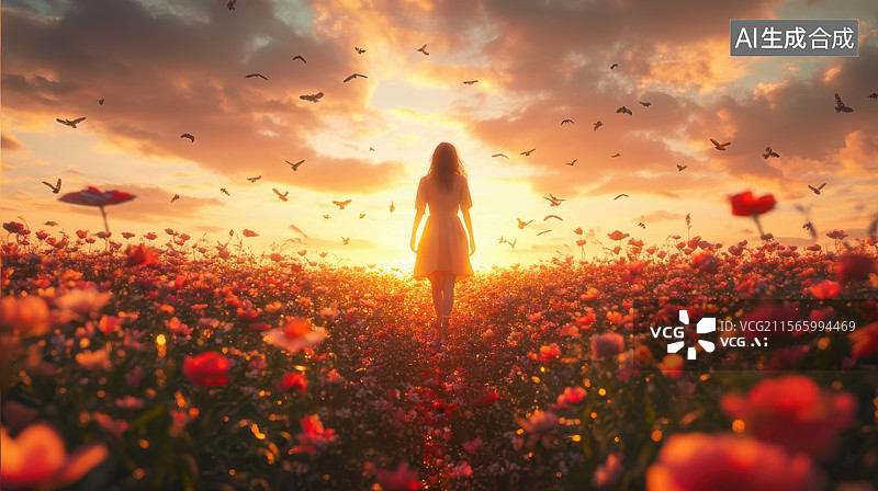 【AI数字艺术】少女立于花海赏日落美景图片素材