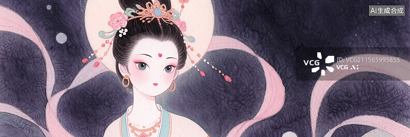 【AI数字艺术】新国风中国古代飞天仙女美女仕女 唐代服装发髻首饰齐胸襦裙飘带汉服 中秋节嫦娥七夕节织女星空明月圆月图片素材