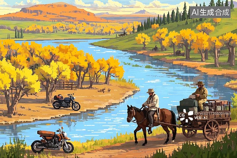 【AI数字艺术】秋日河边乡村景色图片素材