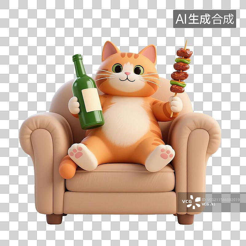 【AI数字艺术】3D渲染卡通动物，一只小猫坐在沙发上，喝啤酒，吃烤串，免抠元素图片素材
