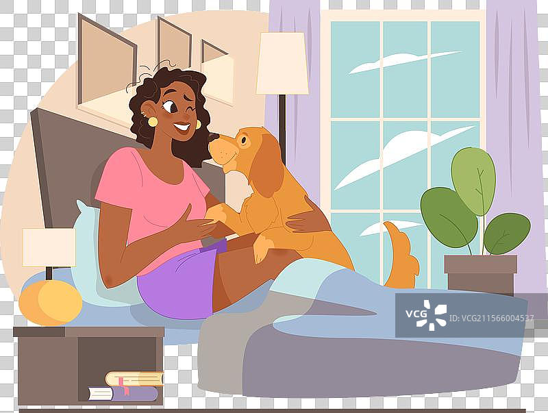 黑色女性角色与狗躺在床上图片素材