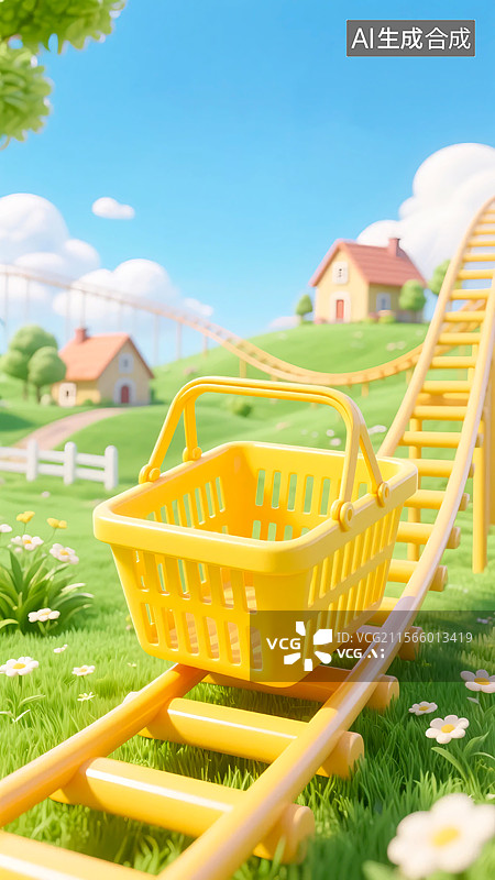 【AI数字艺术】3D乡村草原上黄色购物车轨道图片素材