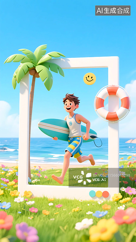 【AI数字艺术】3D沙滩旁拿着冲浪板打卡拍照的男孩图片素材