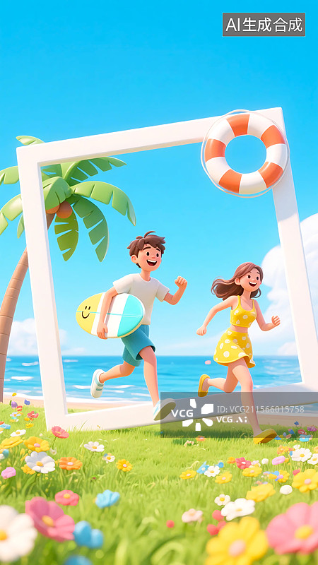 【AI数字艺术】3D沙滩旁拿着冲浪板打卡拍照的男孩和女孩图片素材