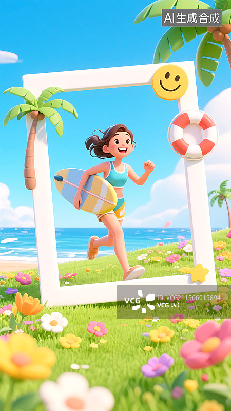 【AI数字艺术】3D沙滩旁拿着冲浪板打卡拍照的女孩图片素材
