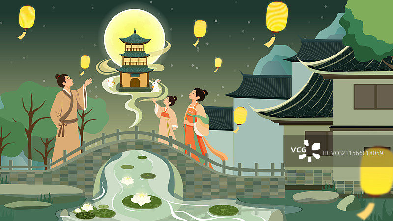 扁平化中秋赏月插画场景图片素材