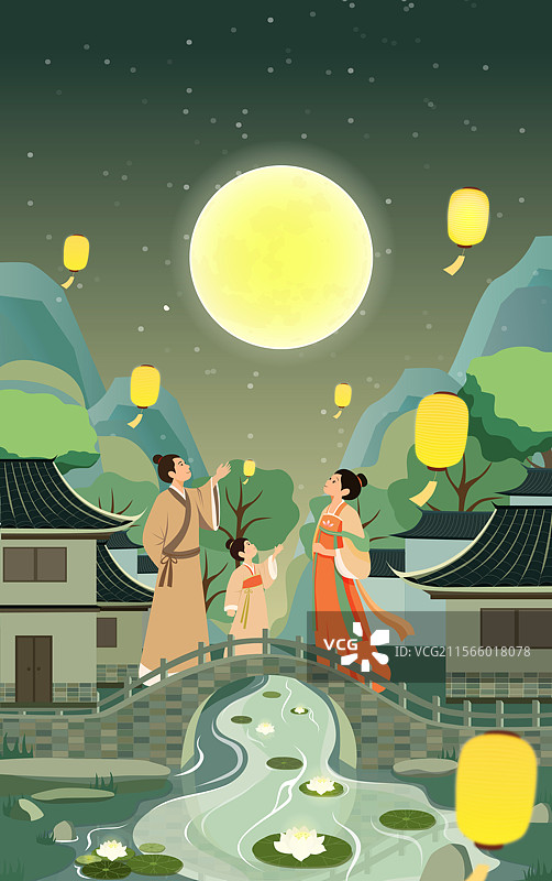 扁平化中秋赏月插画场景图片素材