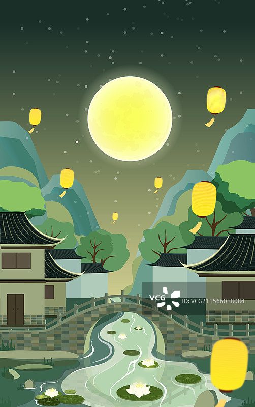 扁平化中秋赏月插画场景图片素材