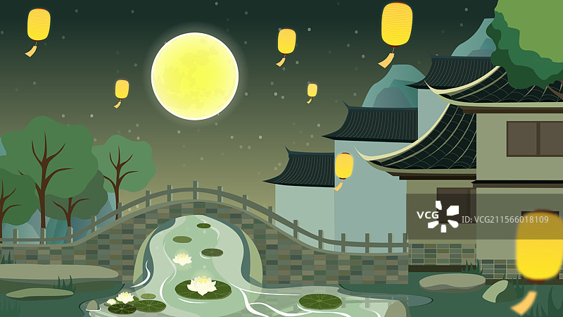扁平化中秋赏月插画场景图片素材