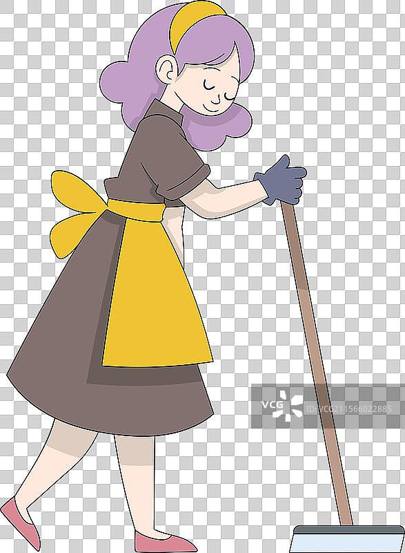 紫发卡通角色在拖地图片素材