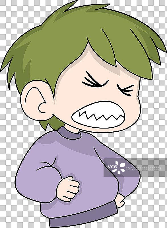 生气的卡通小孩，绿色头发图片素材