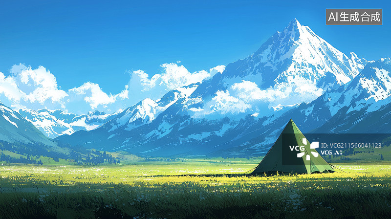 【AI数字艺术】绿色帐篷静立在雪山下的辽阔草原上图片素材