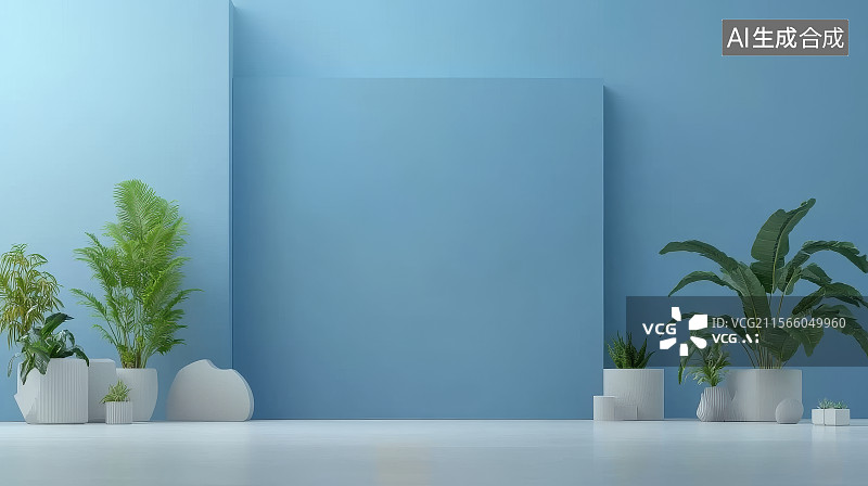 【AI数字艺术】蓝色墙壁前的植物装饰图片素材