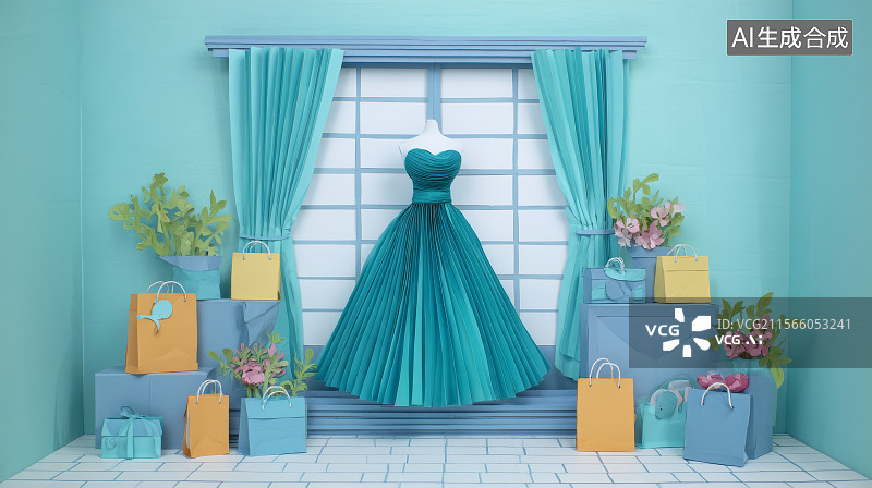 【AI数字艺术】剪纸风格绿色橱窗里的裙子，女性魅力图片素材