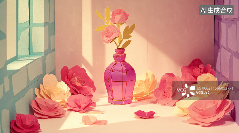 【AI数字艺术】剪纸风格的室内香水瓶，花瓶图片素材