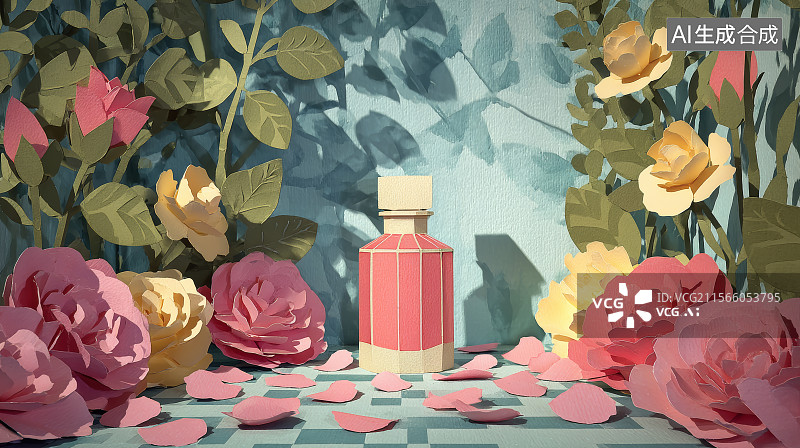 【AI数字艺术】剪纸风格的室内香水瓶，花瓶图片素材