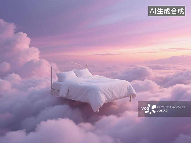 【AI数字艺术】云端梦幻：漂浮于云海之上的宁静之床图片素材