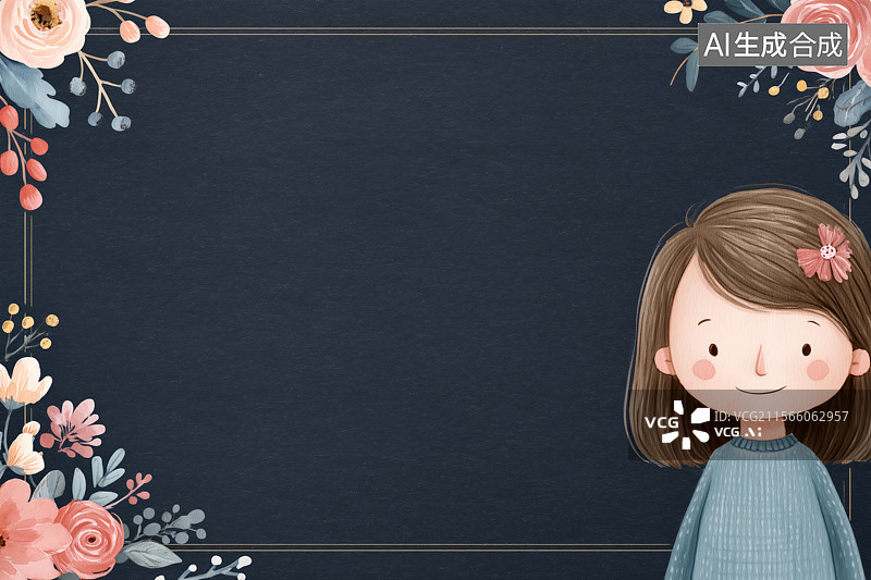 【AI数字艺术】黑板报植物环绕女孩的插画图片素材