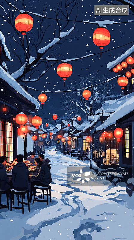 【AI数字艺术】中国旅游日插画冬天夜晚东北大雪中的村庄雪屋夜景图片素材