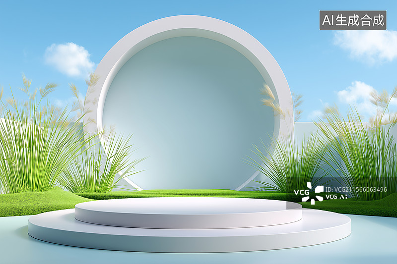 【AI数字艺术】夏天绿色草原中的产品展示舞台背景图图片素材