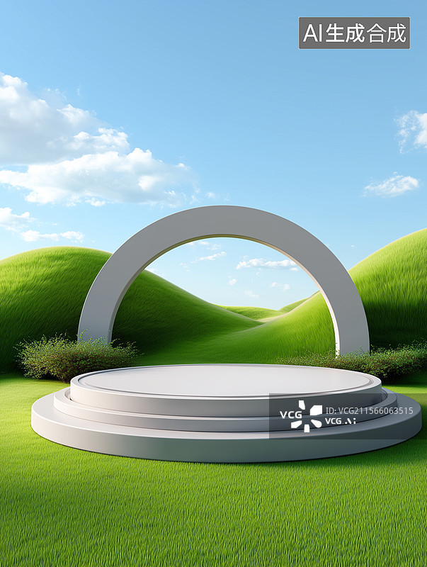 【AI数字艺术】夏天绿色草原中的产品展示舞台背景图图片素材