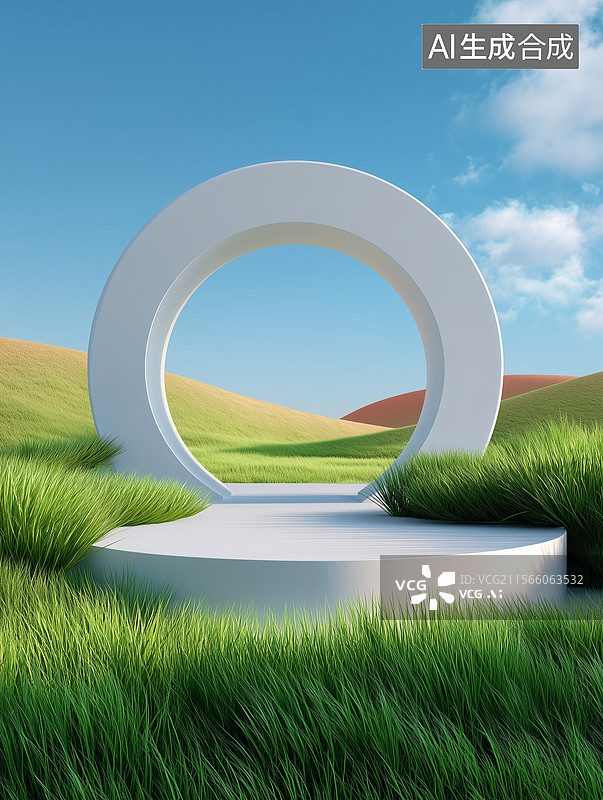 【AI数字艺术】夏天绿色草原中的产品展示舞台背景图图片素材