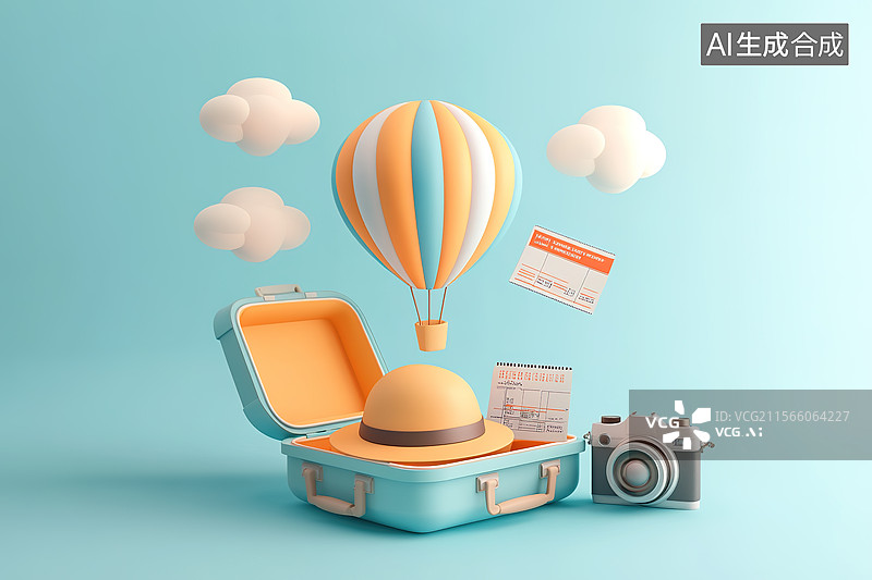 【AI数字艺术】3D卡通风格旅行箱热气球旅行概念插画图片素材