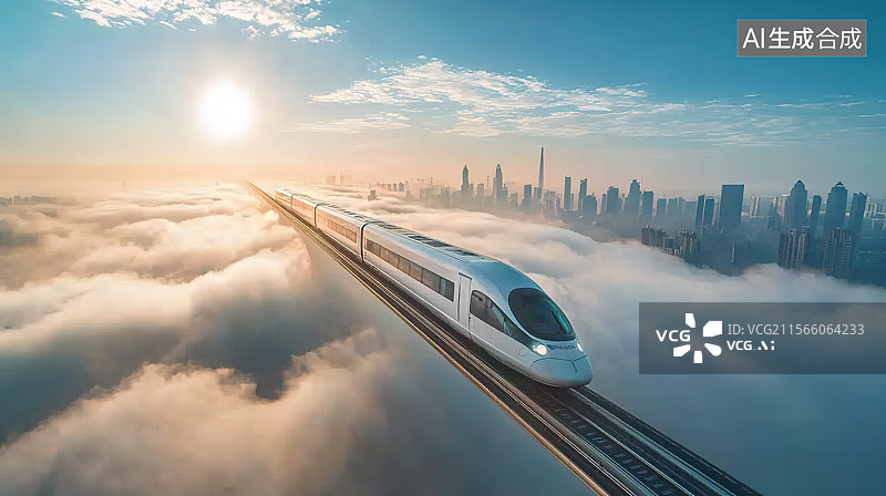 【AI数字艺术】未来世界云端行驶的高速列车图片素材