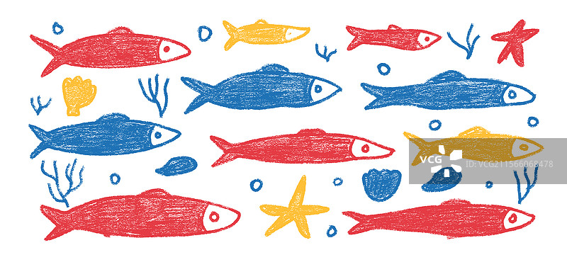 手绘沙丁鱼蜡笔涂鸦套装图片素材