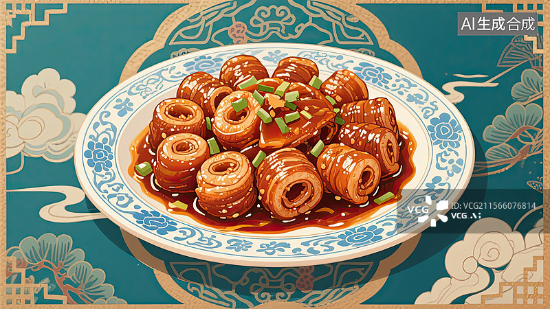 【AI数字艺术】中华美食，鲁菜，九转大肠，美食，插画图片素材