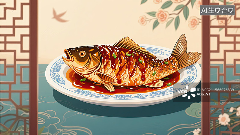 【AI数字艺术】中华美食，鲁菜，糖醋鲤鱼，美食，插画图片素材