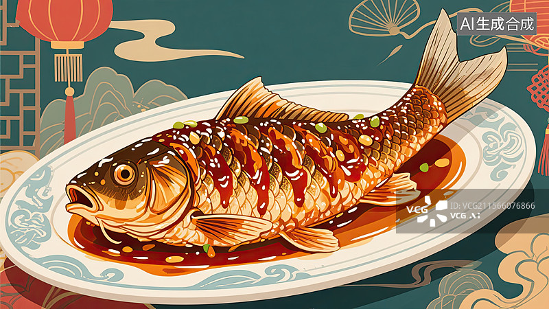 【AI数字艺术】中华美食，鲁菜，糖醋鲤鱼，美食，插画图片素材