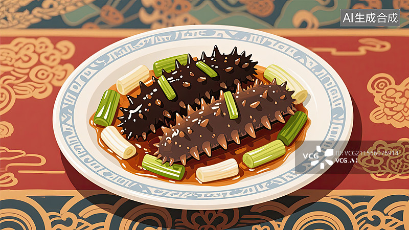 【AI数字艺术】中华美食，葱烧海参，炒菜，鲁菜，插画图片素材