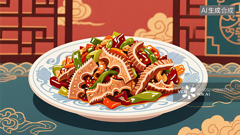 【AI数字艺术】中华美食，爆炒腰花，鲁菜，传统美食，插画图片素材