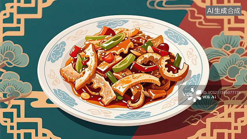 【AI数字艺术】中华美食，鲁菜，油爆双脆，炒菜，插画图片素材