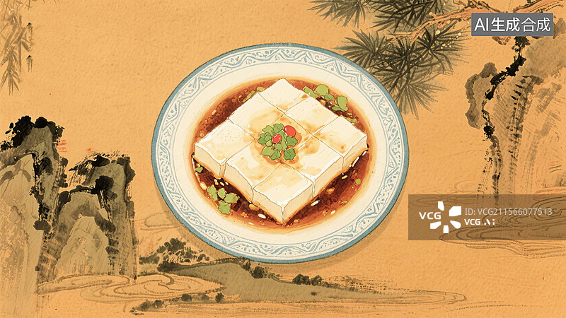 【AI数字艺术】中华美食，一品豆腐，豆制品，食物，插画图片素材