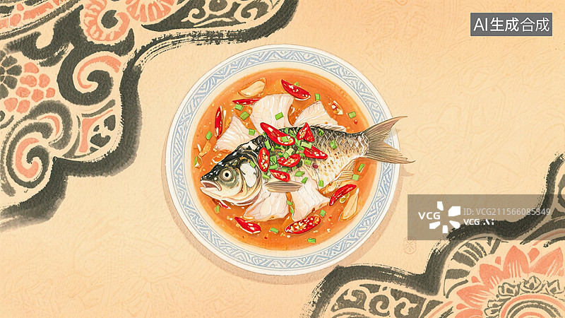 【AI数字艺术】中华美食，鲁菜，水煮鱼，食物，插画图片素材