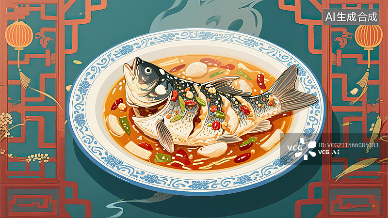【AI数字艺术】中华美食，鲁菜，水煮鱼，食物，插画图片素材
