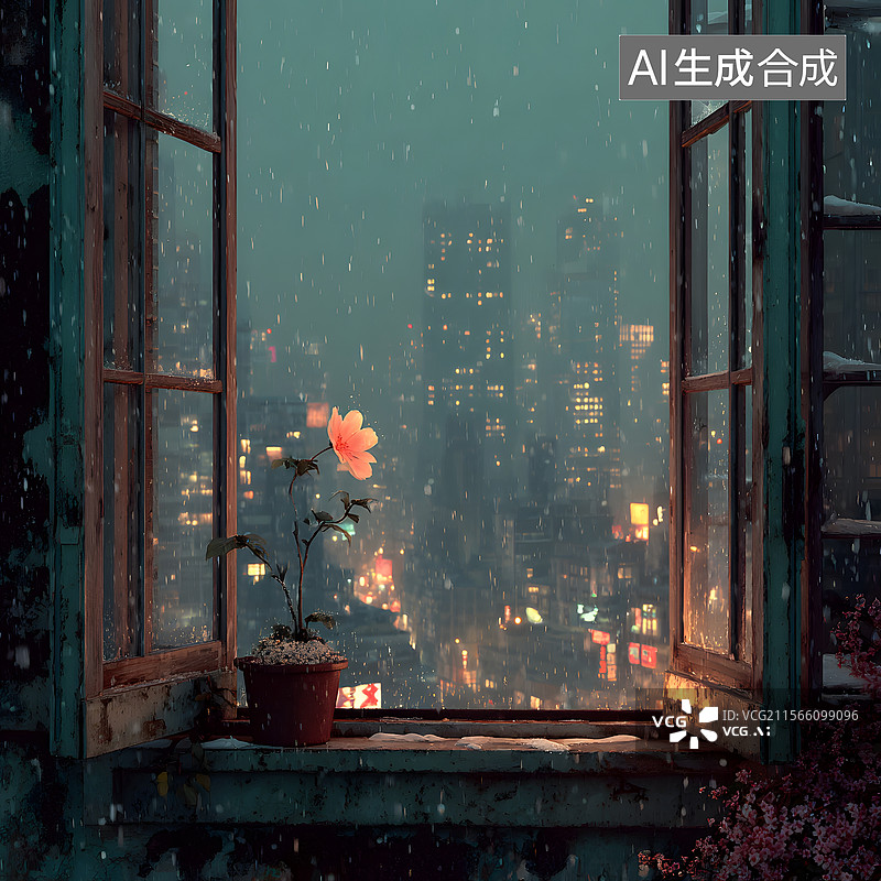 【AI数字艺术】窗沿，花，破旧图片素材