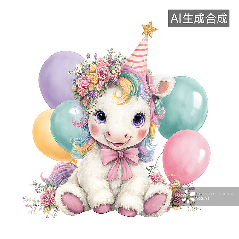 【AI数字艺术】独角兽 生日 可爱 气球图片素材