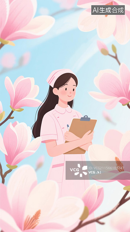 【AI数字艺术】粉色玉兰花丛中的护士插画背景图片素材
