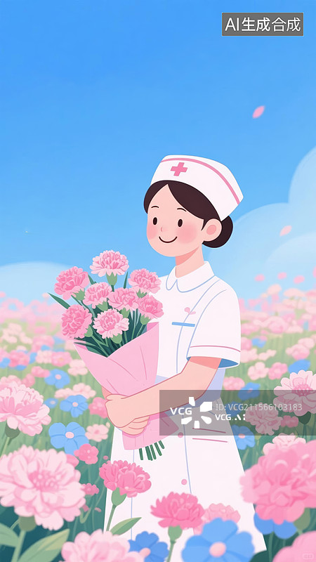 【AI数字艺术】花海中手捧鲜花的白衣天使图片素材