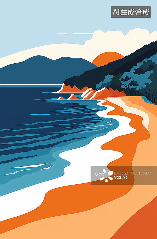 【AI数字艺术】夕阳海滩美景图图片素材
