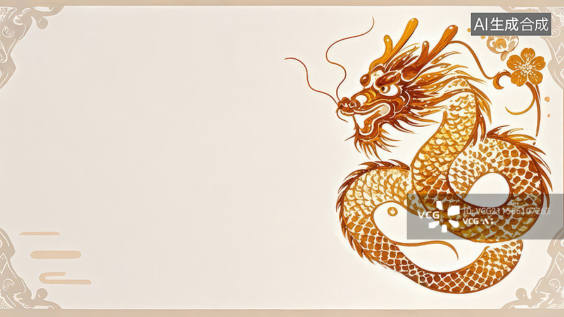 【AI数字艺术】水墨画居右1金色中国传统龙图案图片素材
