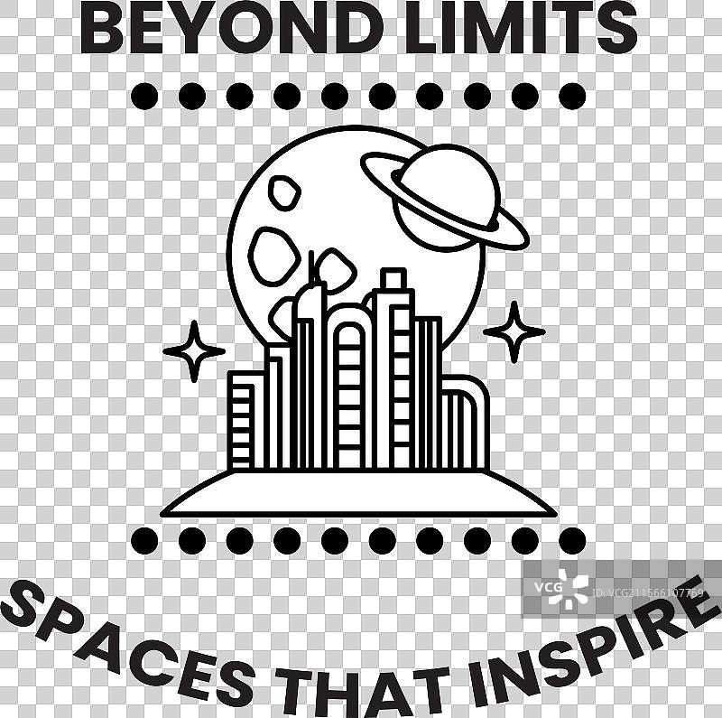 一幅黑白海报，展示了城市和一个行星。图片素材