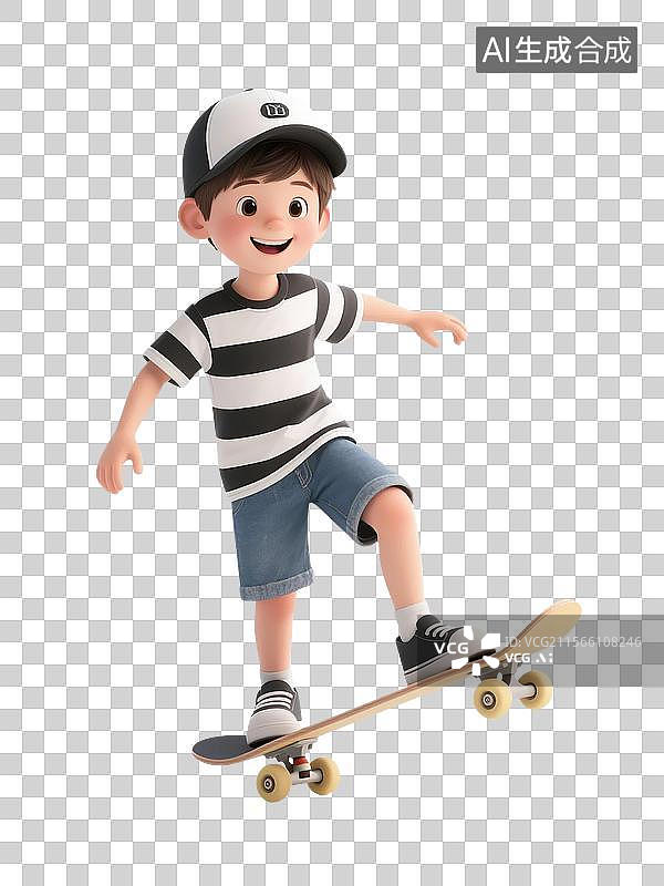 【AI数字艺术】一个戴帽子的男孩穿着条纹衫和短裤在滑板上微笑图片素材
