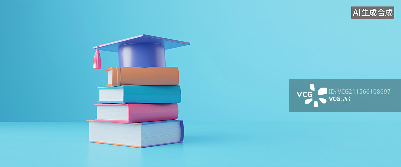 【AI数字艺术】3D三维叠放一沓书籍和学士帽知识在线教育毕业季插画图片素材