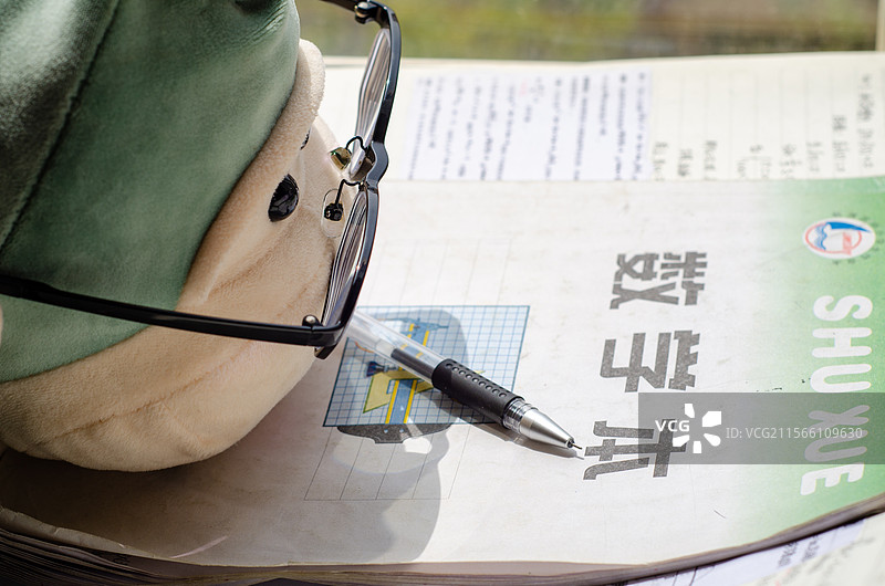 玩偶置于数学课本上场景图片素材