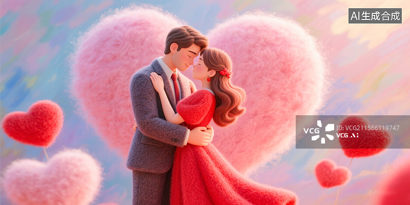 【AI数字艺术】520网络情人节七夕节订婚宴结婚年轻情侣夫妻拥抱粉红色爱心 3D三维立体卡通毛毡场景印象派油画笔触图片素材
