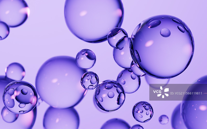 透明紫色水珠气泡背景三维渲染图片素材